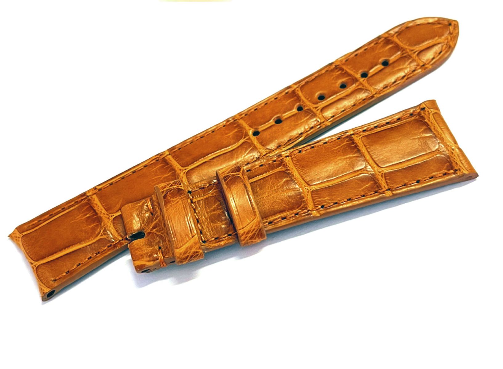 Rolex Cellini Dual / Time / Date Bespoke strap in Honey Brown Matte Alligator. Curved lugs